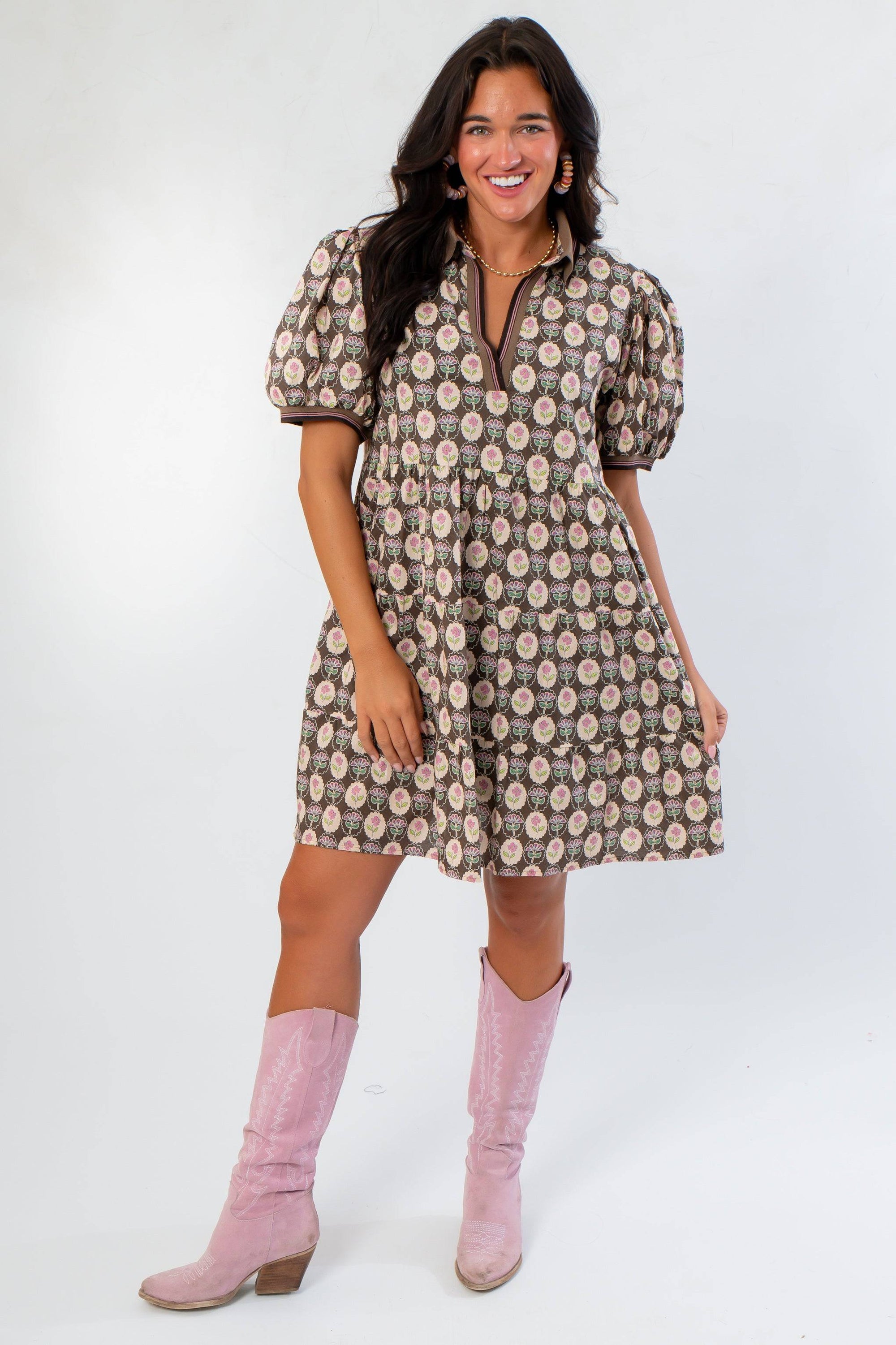 Brianna Chocolate Floral Puff Sleeve Mini Dress with vintage-inspired floral print and voluminous sleeves, styled for fall with pink boots.