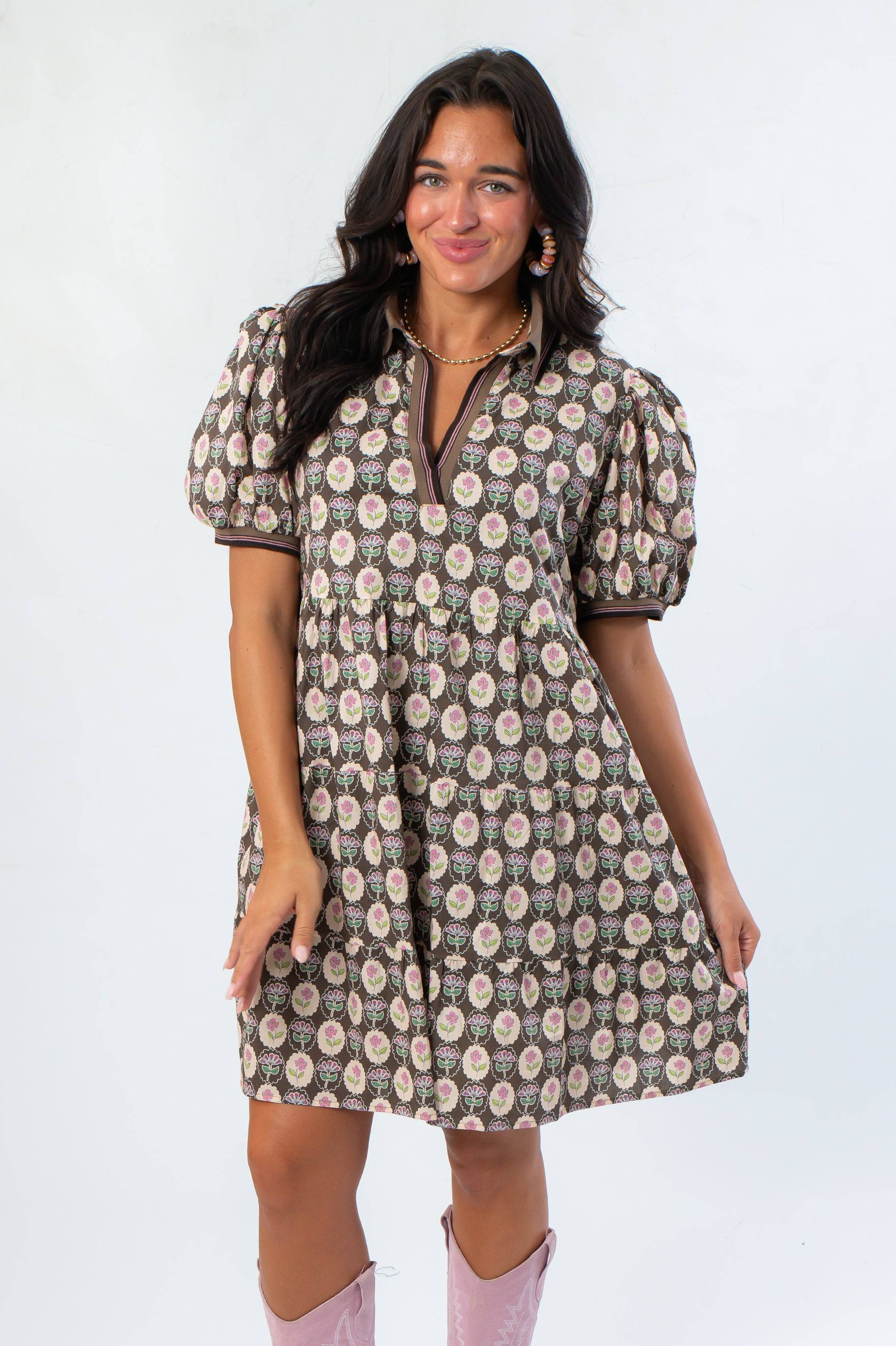 Close-up of Brianna Chocolate Floral Puff Sleeve Mini Dress showcasing detailed floral pattern and flattering neckline for autumn fashion.
