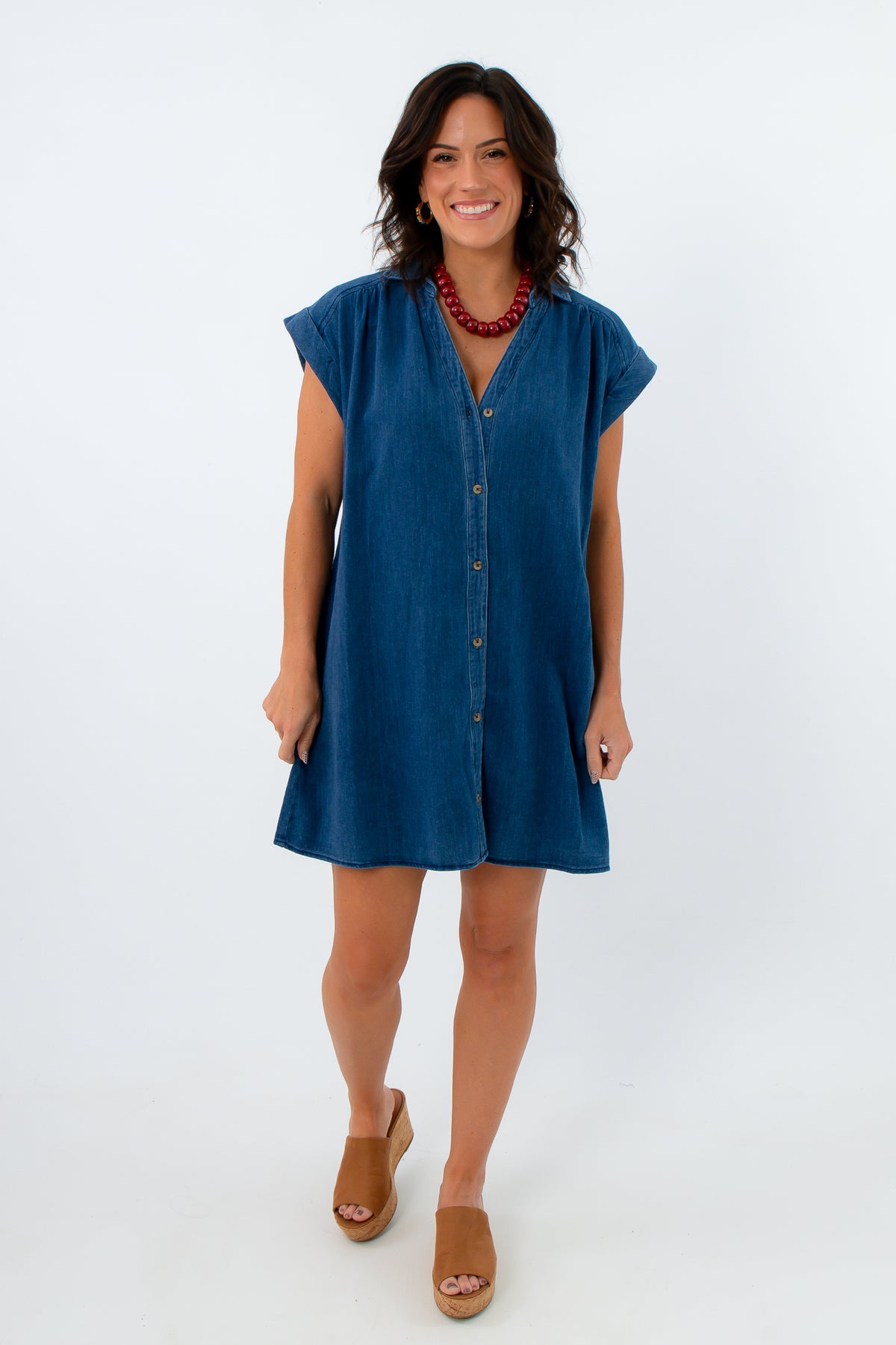 100% cotton mini denim dress with collar and buttons, short sleeve denim dress, button front denim dress