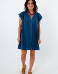 100% cotton mini denim dress with collar and buttons, short sleeve denim dress, button front denim dress