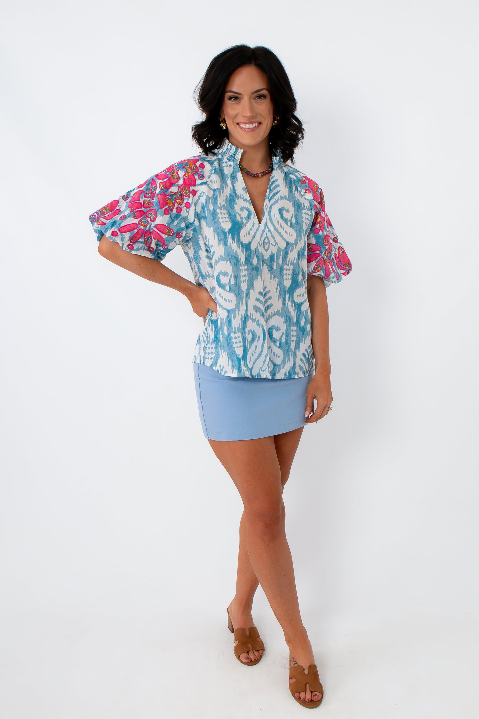 THML Light Blue Floral Patchwork Puff Sleeve Blouse, front view