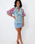THML Light Blue Floral Patchwork Puff Sleeve Blouse, front view