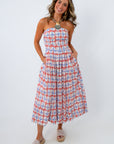 Stardust Blue and Brick Red Strapless Midi Dress