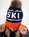 Navy & Orange Ski Pom Pom Beanie