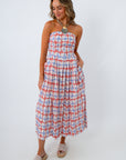 Stardust Blue and Brick Red Strapless Midi Dress