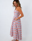 Stardust Blue and Brick Red Strapless Midi Dress