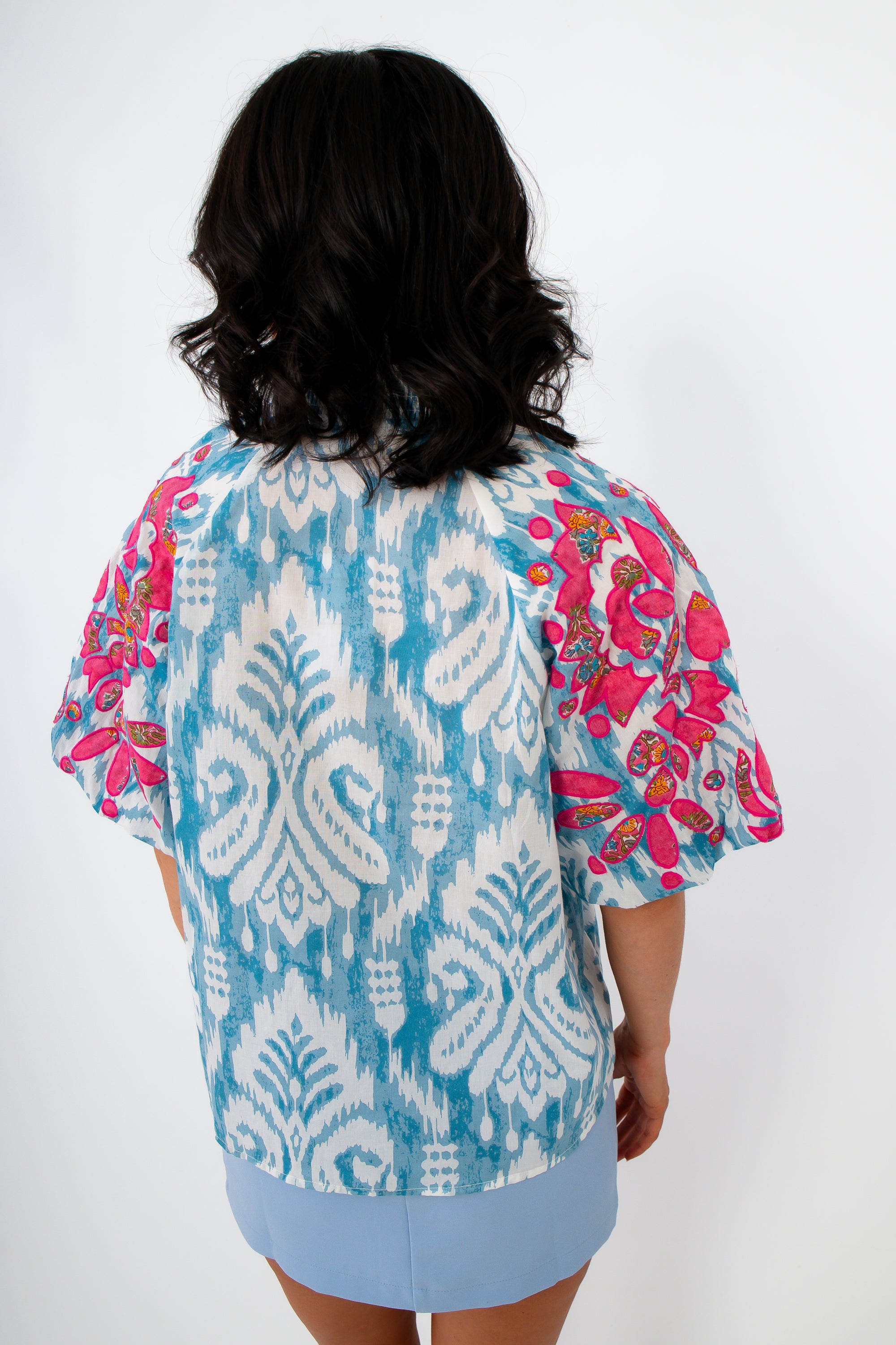 THML Light Blue Floral Patchwork Puff Sleeve Blouse