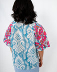 THML Light Blue Floral Patchwork Puff Sleeve Blouse