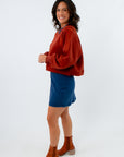 Elevated mahogany crewneck sweatshirt with seam detail, reddish-brown sweatshirt for fall, fall long sleeve tops, mahogany top