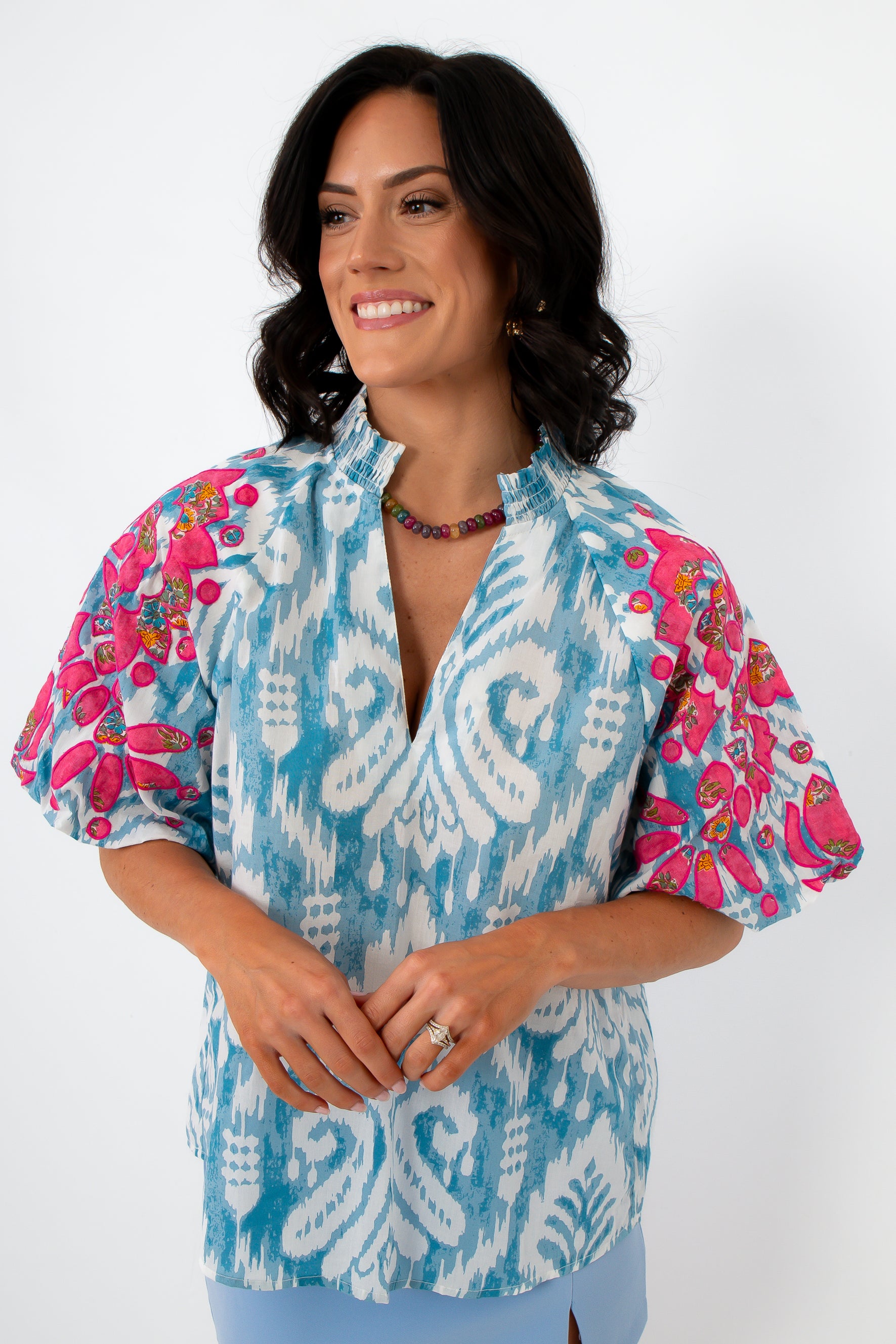 THML Light Blue Floral Patchwork Puff Sleeve Blouse, close-up of front details