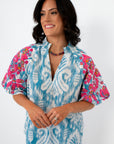 THML Light Blue Floral Patchwork Puff Sleeve Blouse, close-up of front details
