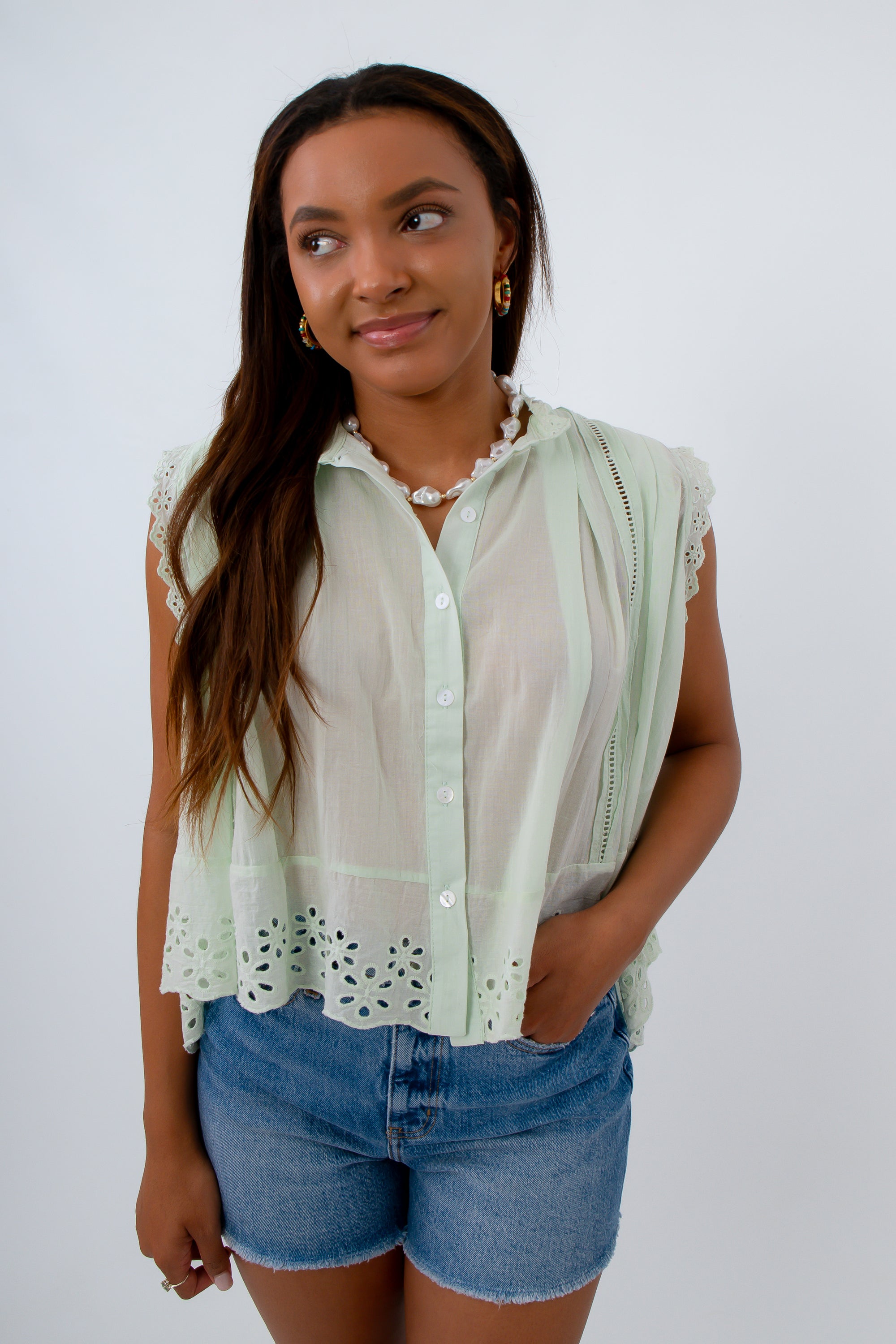 Avery Seafoam Green Lace Trim Top