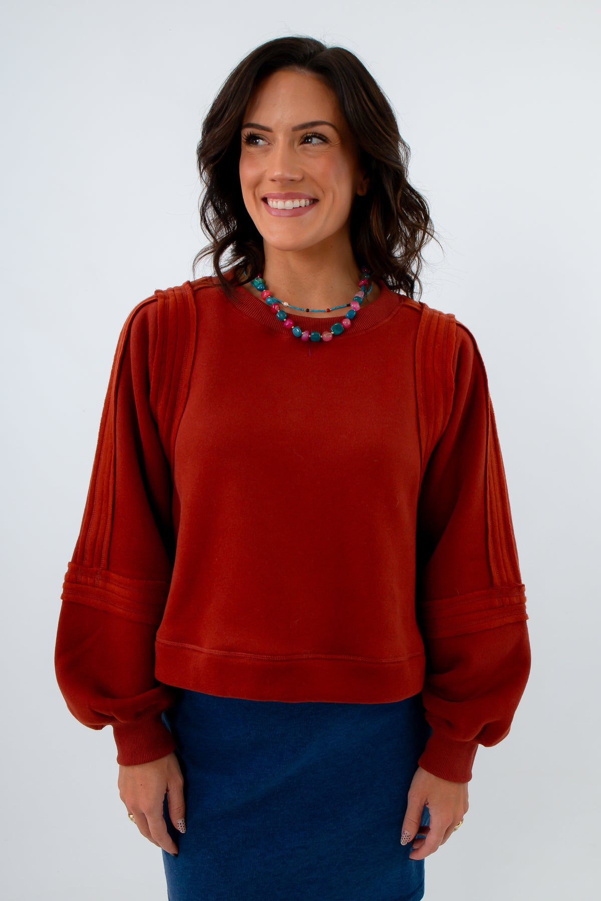 Hip length reddish-brown sweatshirt for fall, mahogany colored sweatshirt, crewneck sweatshirt for fall