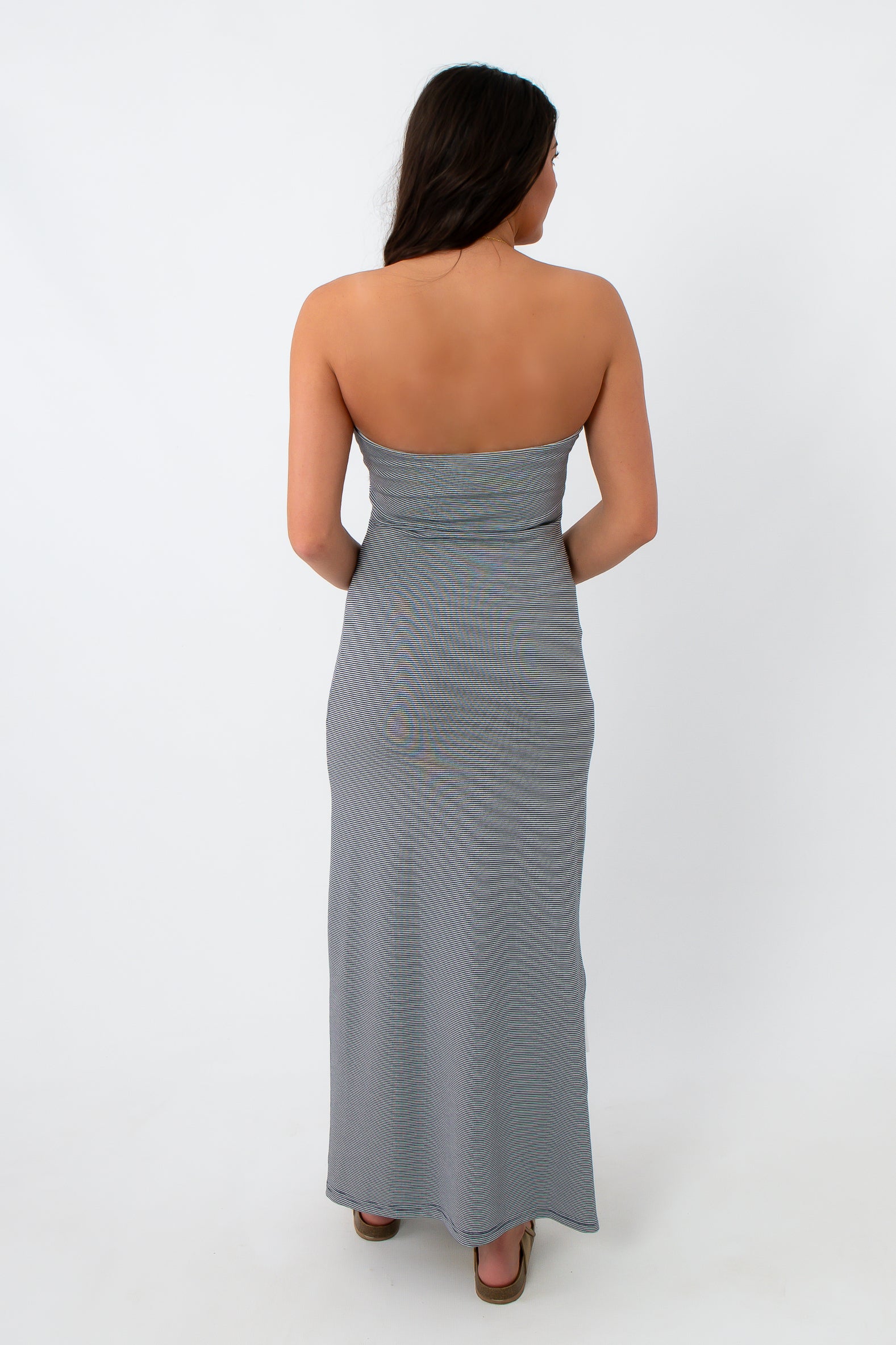 Weekend Sailor Navy Stripe Strapless Midi Dress