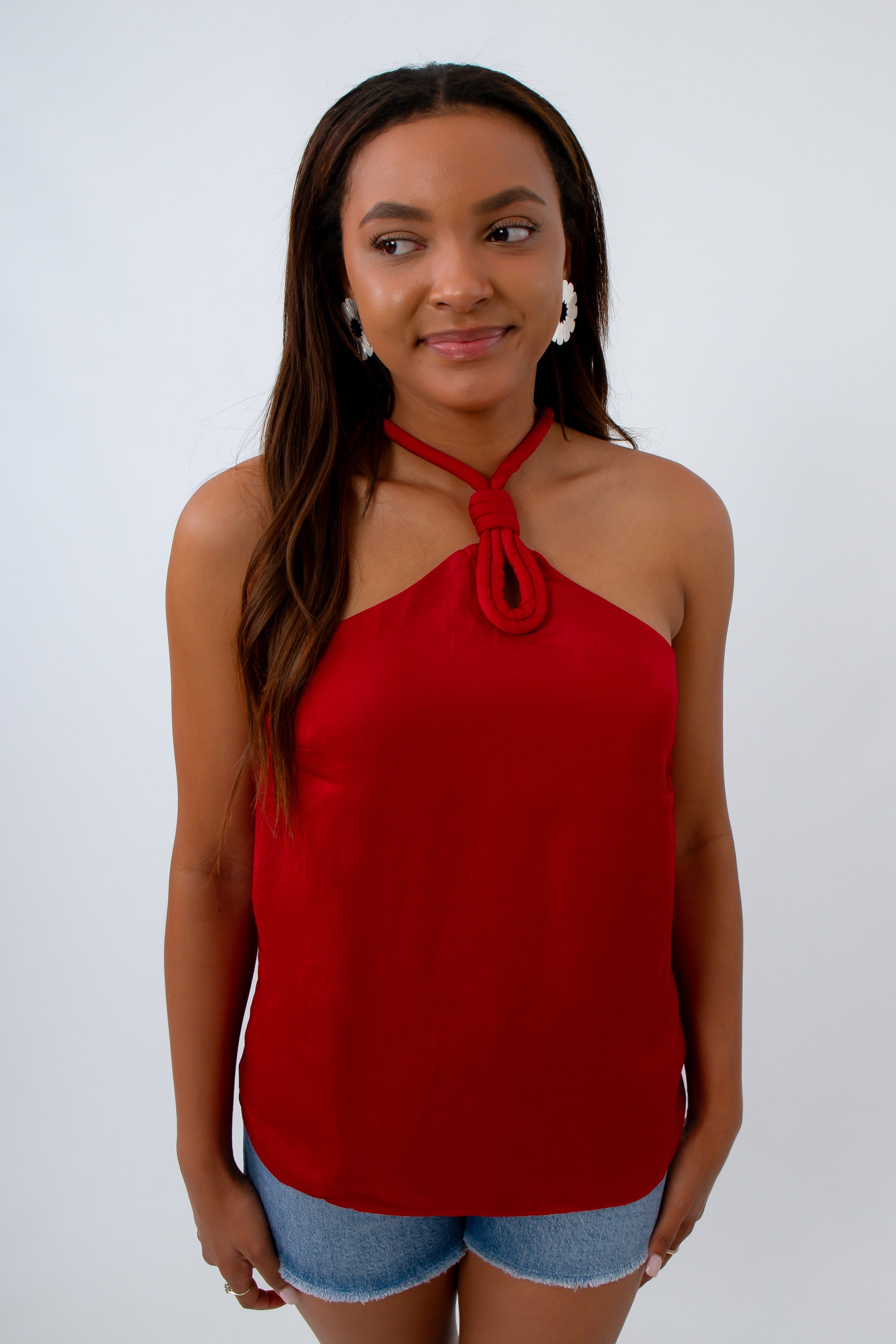 Crimson Satin Braided Keyhole Top