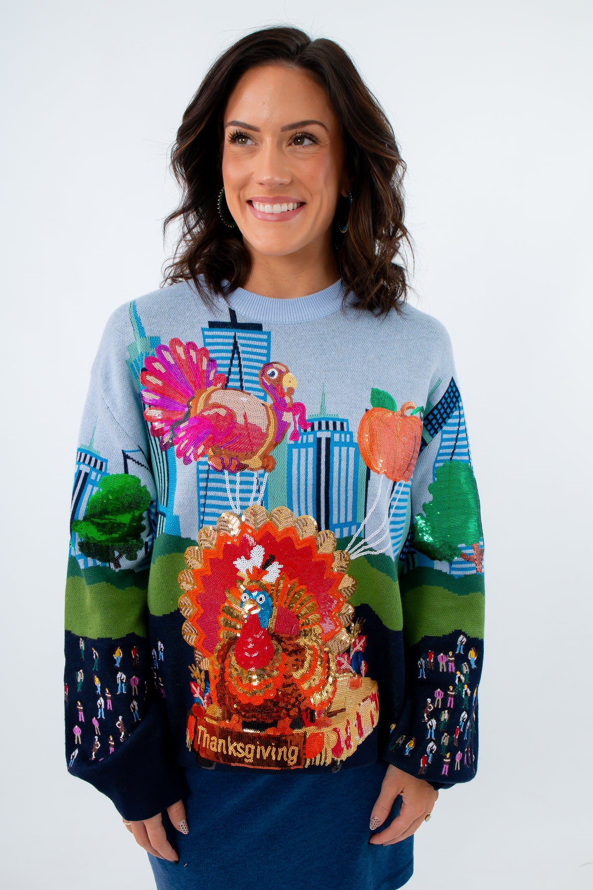 Relaxed fit Thanksgiving parade sweater with sequins, Queen of Sparkles Thanksgiving sweater, Thanksgiving parade sweater
