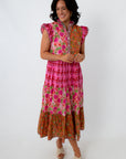 Colorful patchwork midi dress with ruffled sleeves for women