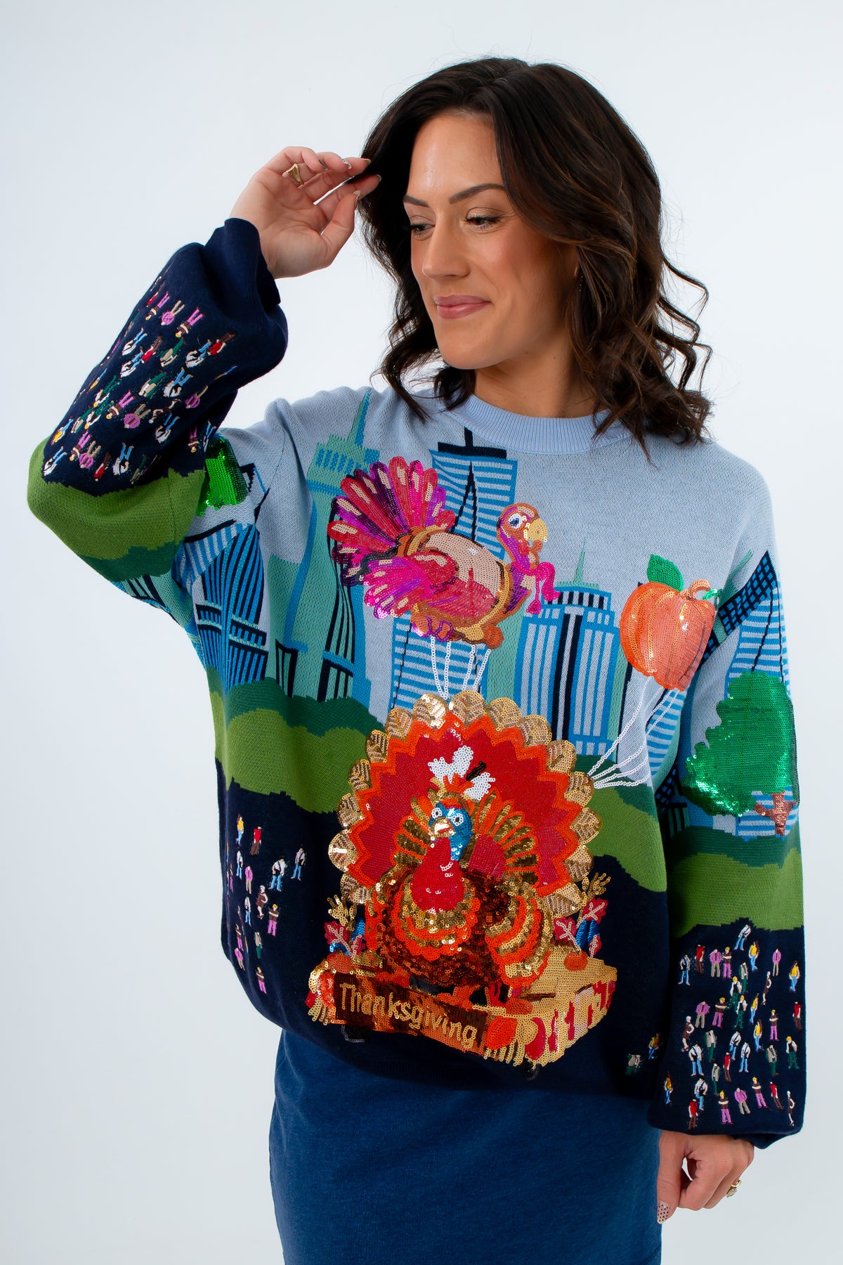Multi Thanksgiving Parade Sweater, Intricate sequin Thanksgiving sweater for holiday gatherings, Thanksgiving outfit inspo