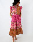 Front view of colorful patchwork midi dress with pockets for women