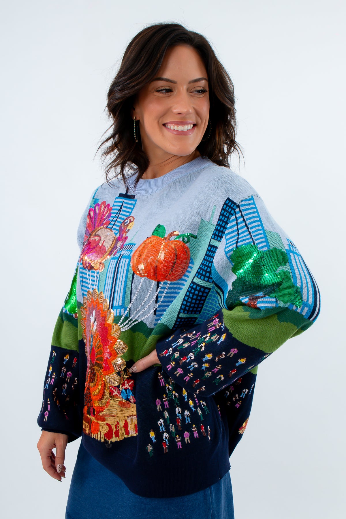 Comfortable oversized Thanksgiving sweater for women, sweater for thanksgiving, sequin sweater with thanksgiving parade on it
