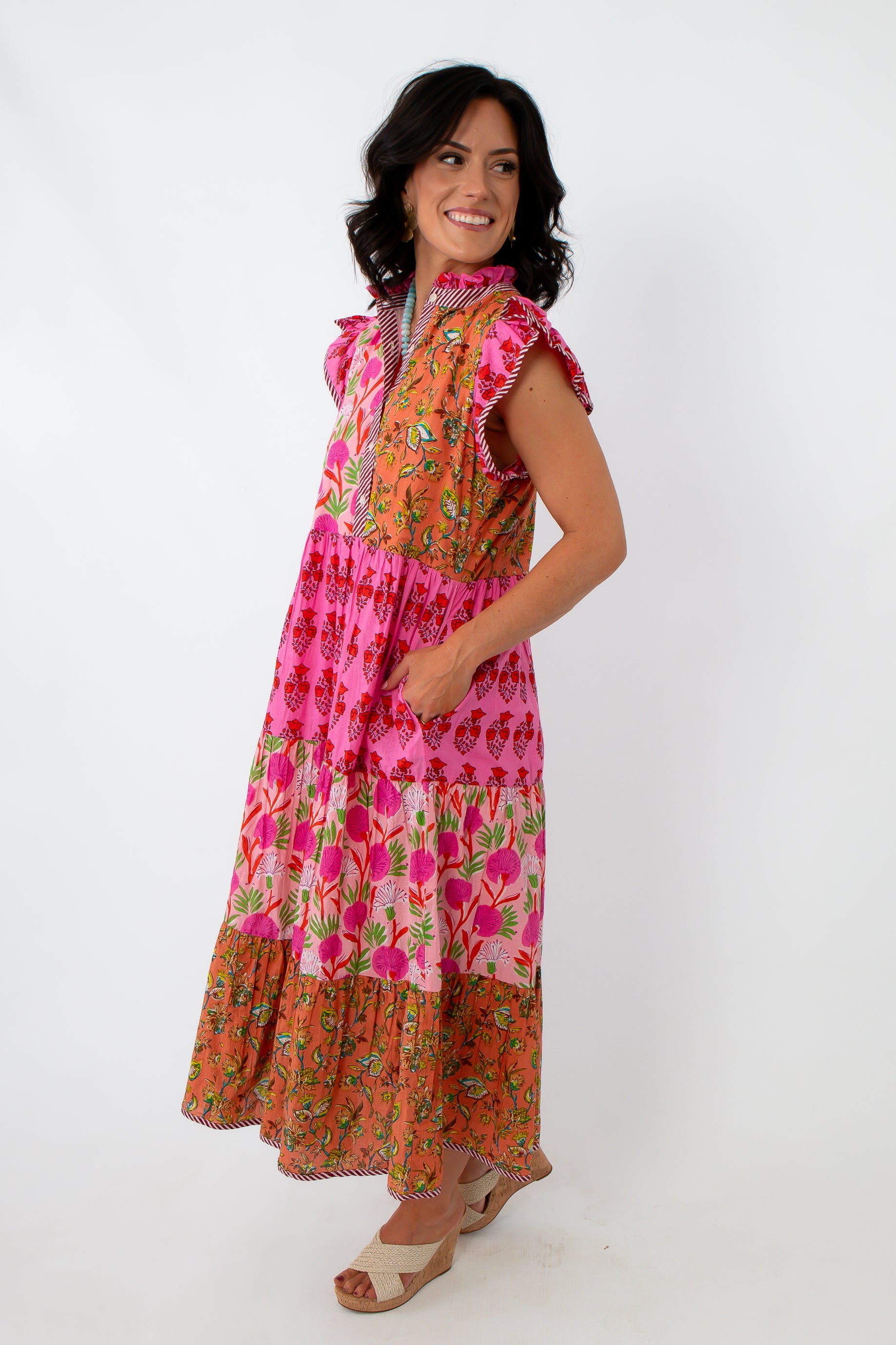 Colorful patchwork tiered midi dress for women