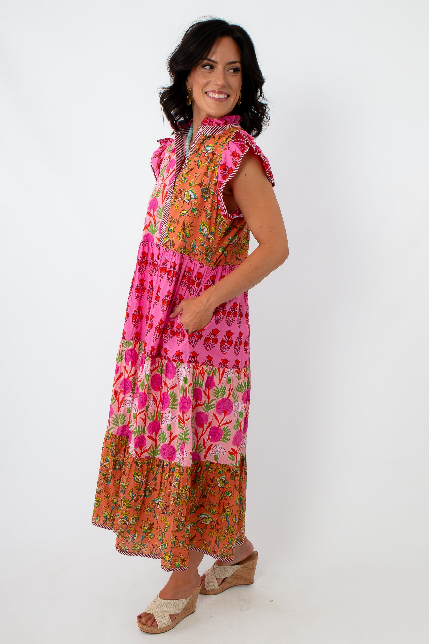 Colorful patchwork tiered midi dress for women