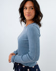 Blue waffle texture thermal long sleeve top, blue long sleeve thermal, blue waffle knit top