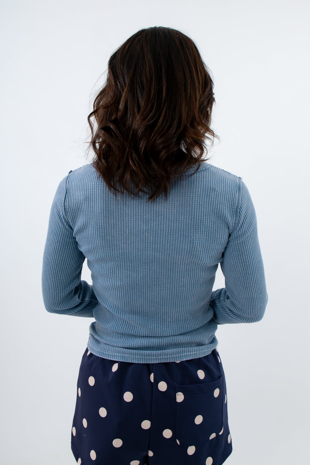 Cozy crew neck blue long sleeve thermal shirt, Lightweight waffle knit thermal top for fall layering