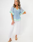 Lizzy Blue Mint Color Block Flare Sleeve Top