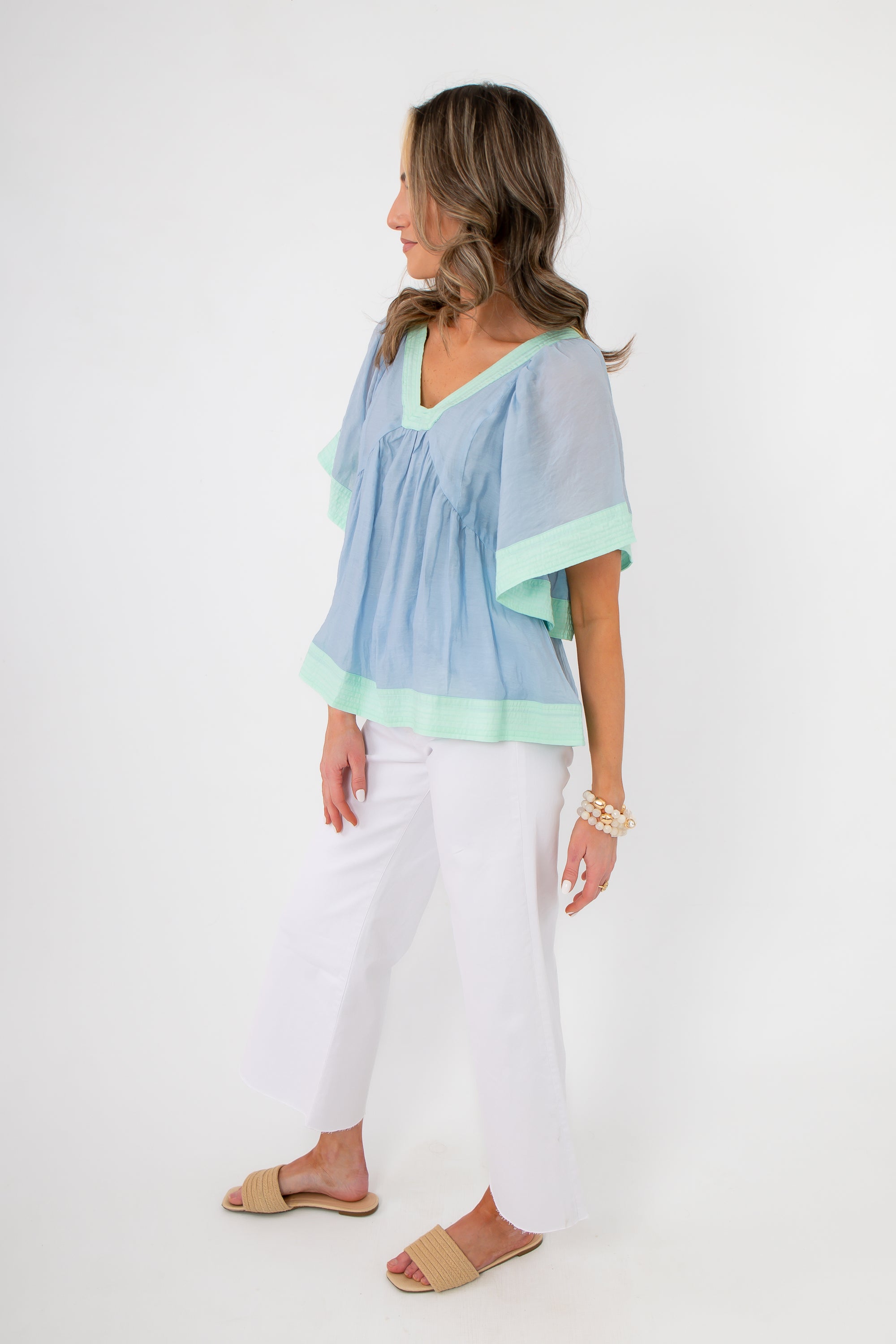 Lizzy Blue Mint Color Block Flare Sleeve Top