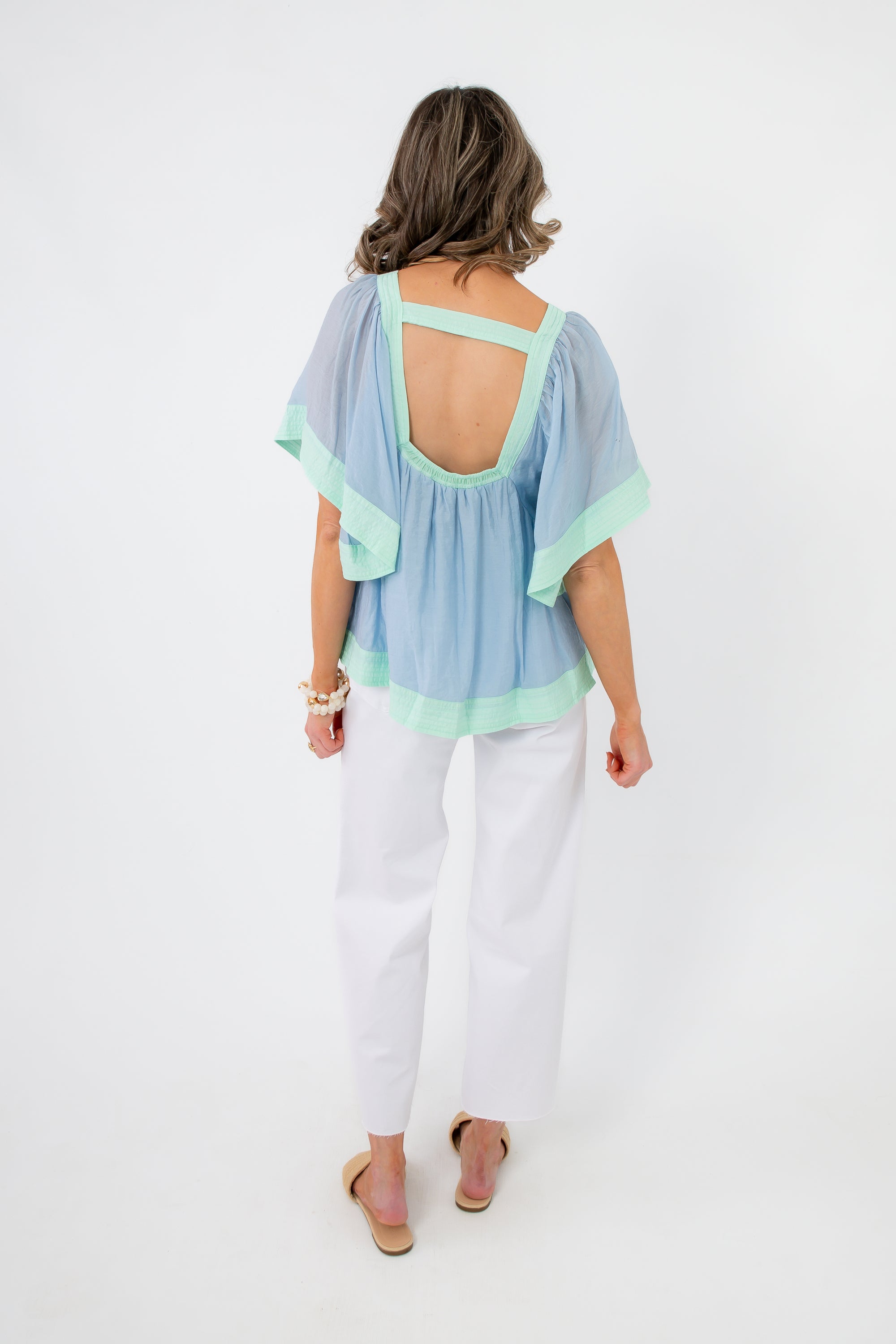 Lizzy Blue Mint Color Block Flare Sleeve Top