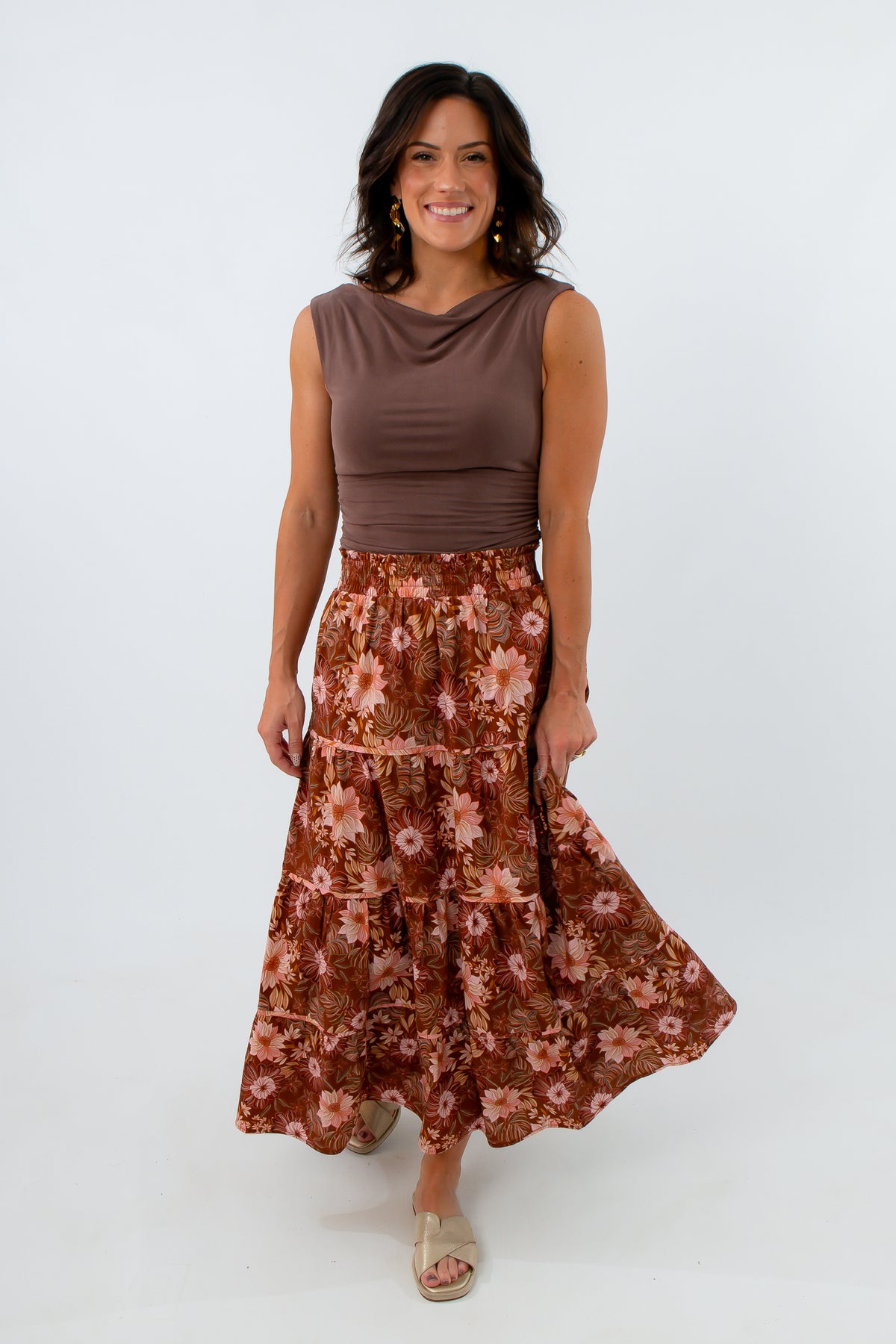 Painterly Harvest Floral Tiered Midi Skirt