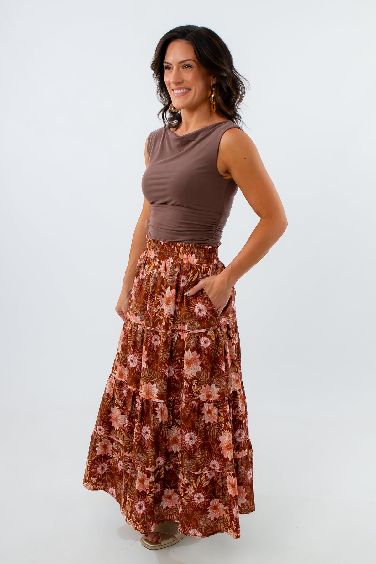 Lined patterned midi skirt for fall, fall print midi skirt, fall patterned midi skirt, floral midi skirt