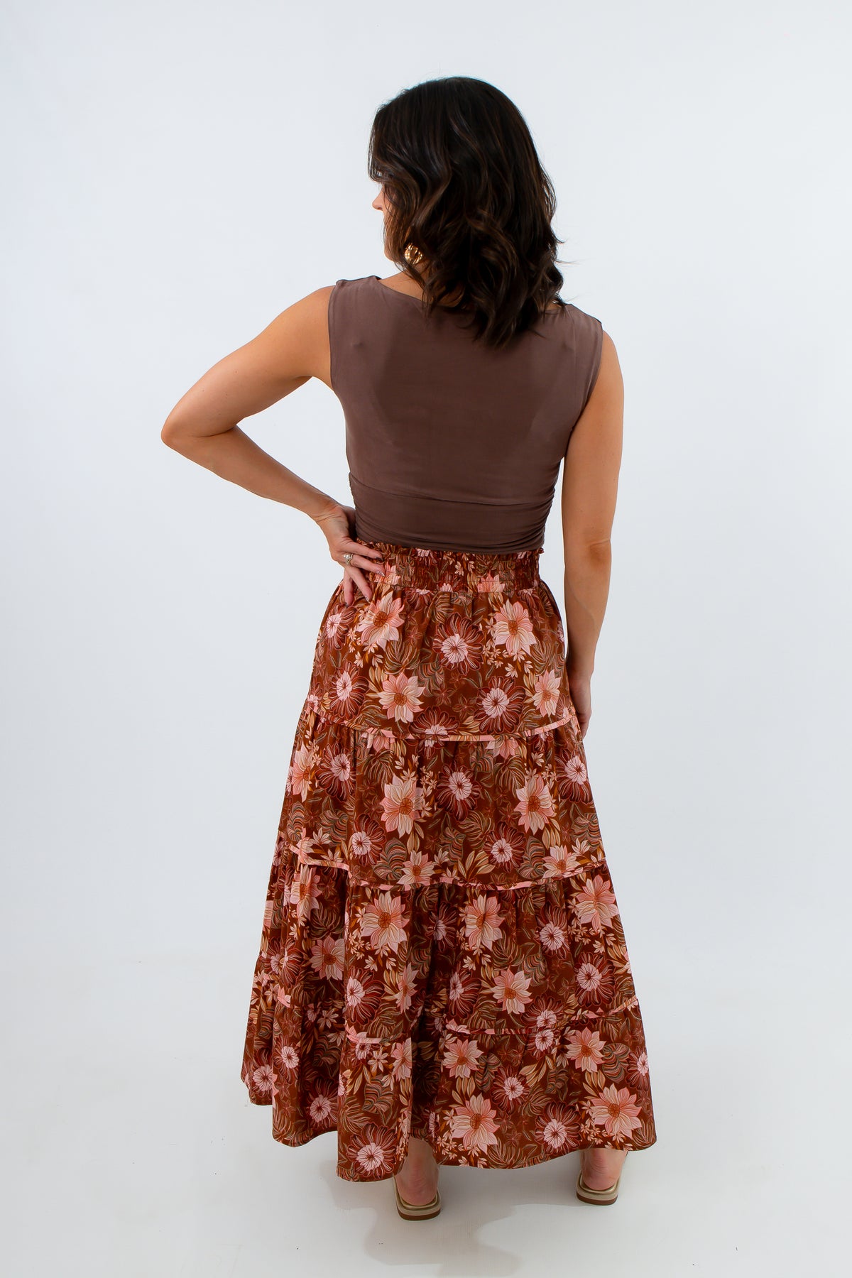 Midi skirt with side pockets, long skirts for fall, lightweight long skirt, floral skirt, rust colored skirt
