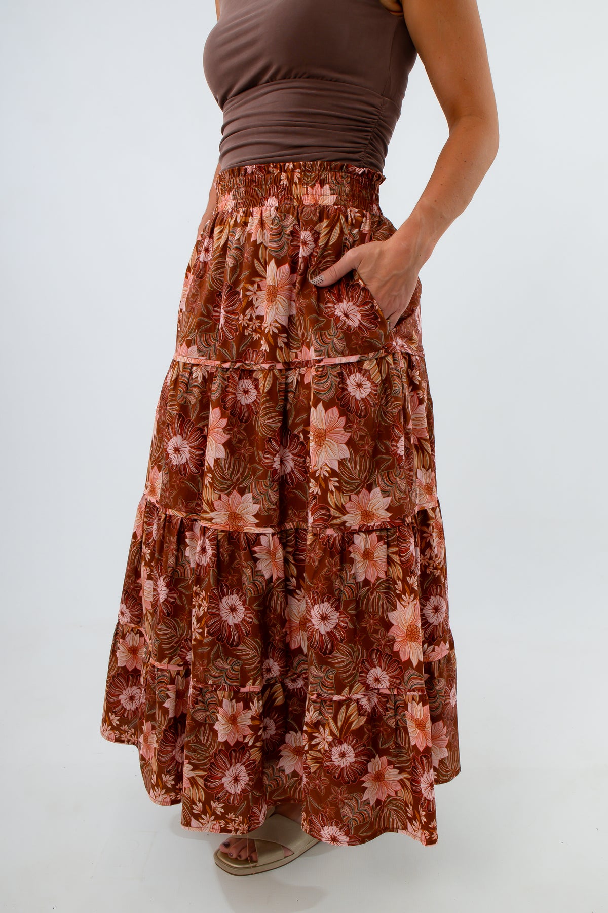 Comfortable tiered fall midi skirt for women, tiered midi skirt, patterned skirt with tiers, fall colored midi skirt