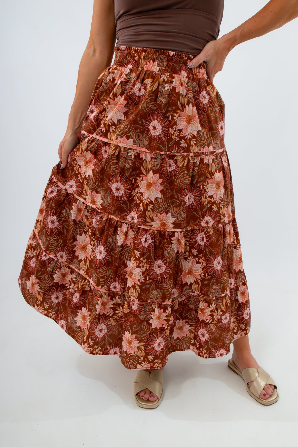 Elastic waist floral midi skirt with pockets, floral midi skirt, patterned midi skirt, long patterned skirt