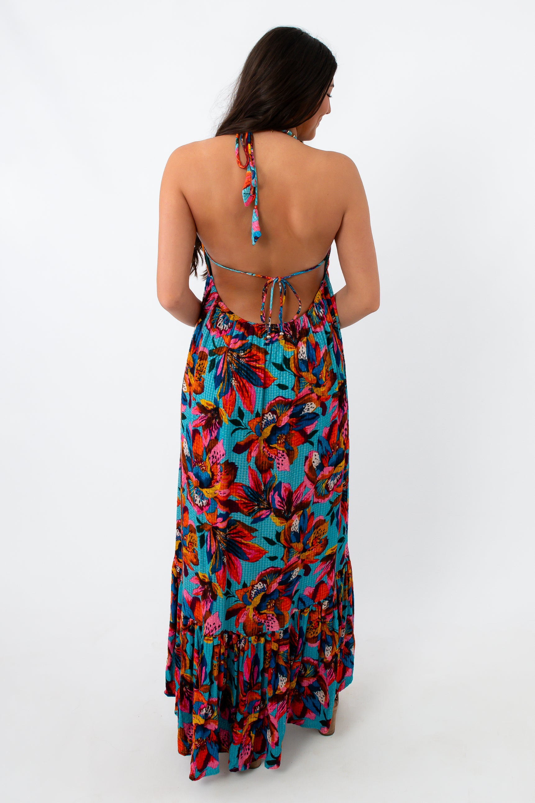 Tropical Blossom Colorful Halter Maxi Dress