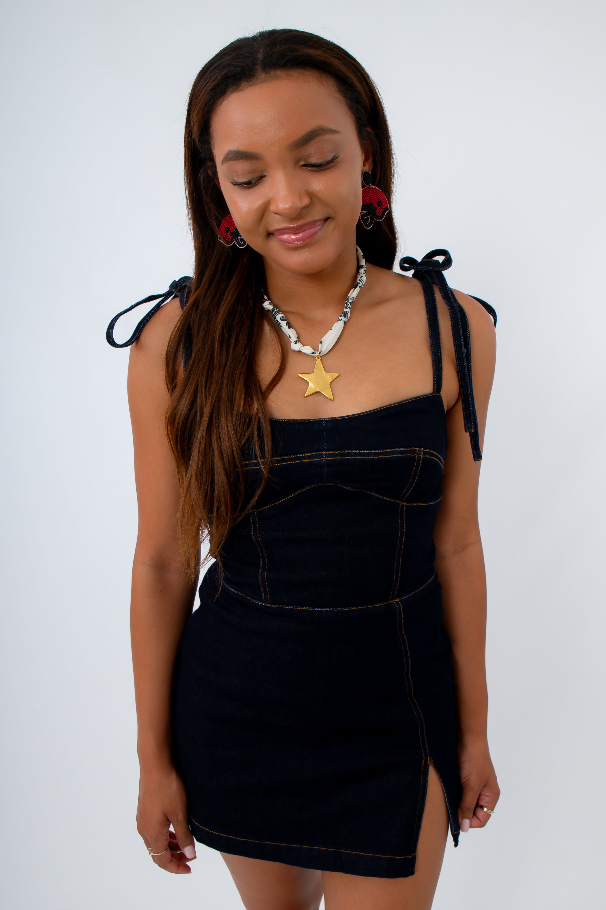 Dark denim dress with built-in shorts for USC game day outfit, neutral game day outfit