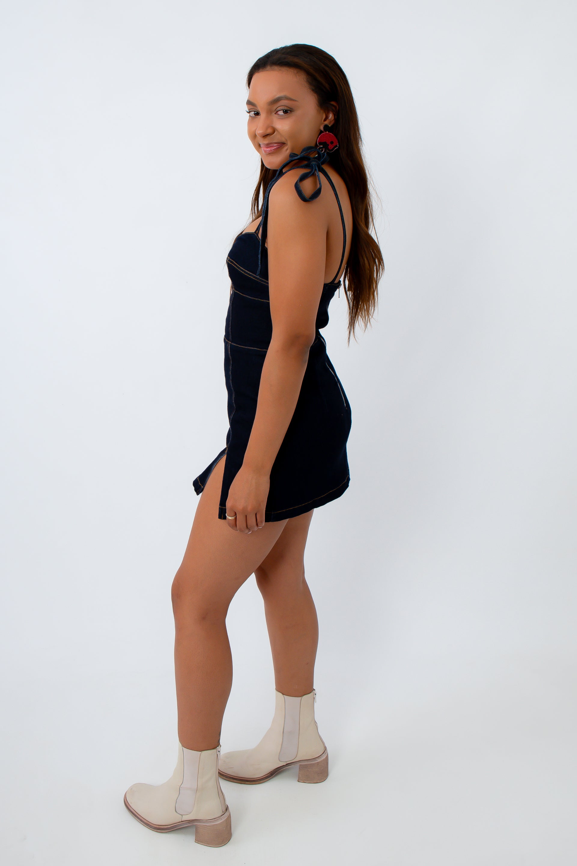 Night Game Dark Denim Tie Strap Mini Dress