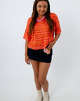 Orange striped sweater with black mini skirt for a fall game day look for Clemson, fall outfit, fall lightweight sweaters