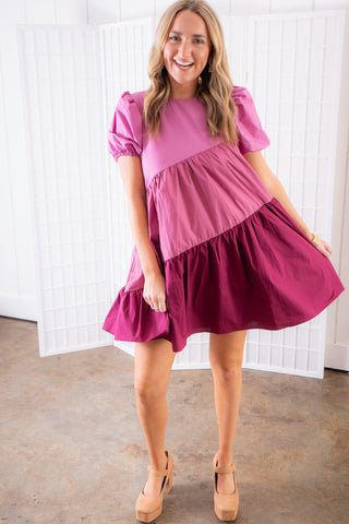 Orchid Asymmetrical Colorblock Puff Sleeve Dress-2.7 August Apparel-L. Mae Boutique