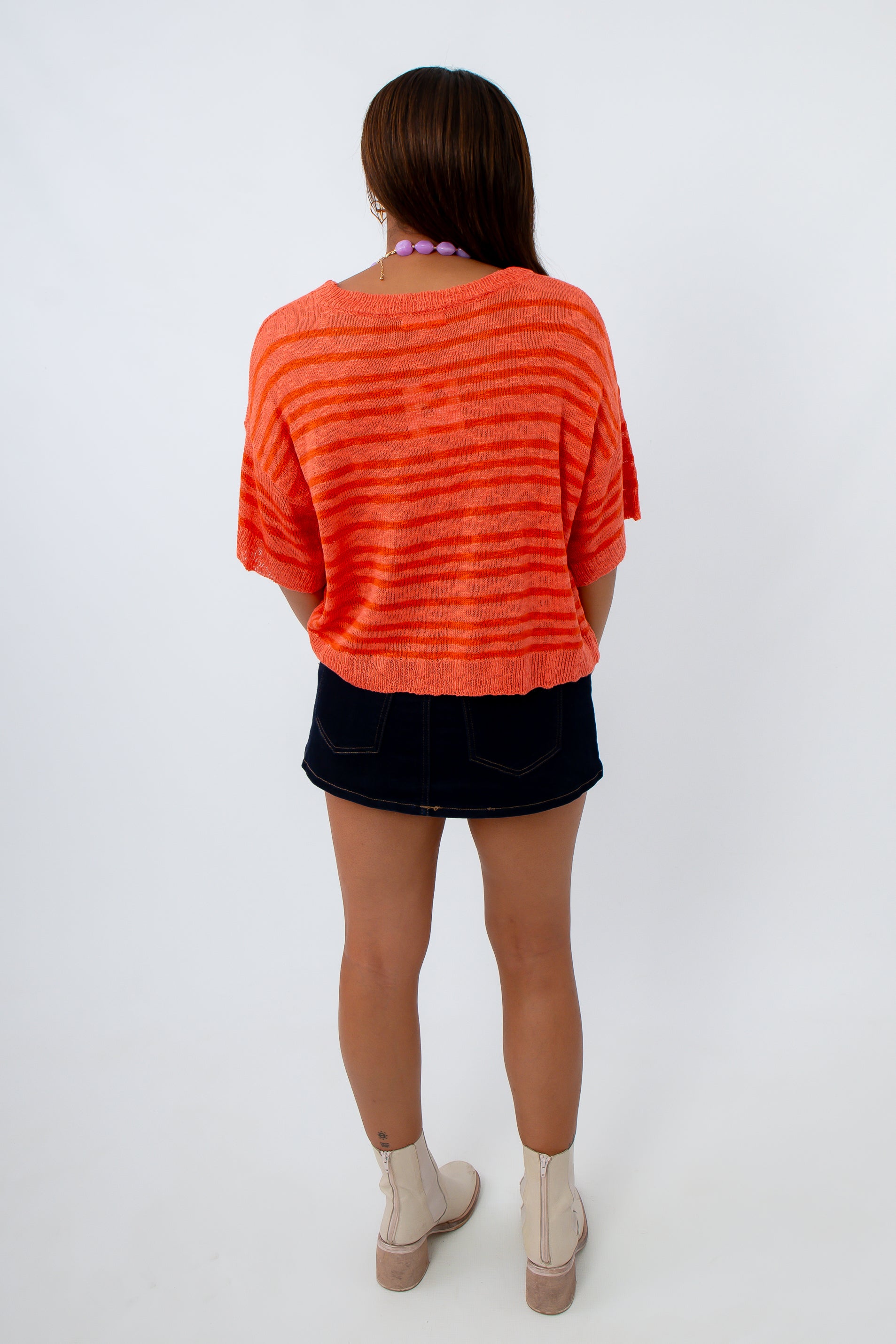 Orange striped sweater with relaxed fit, orange sweater, orange short sleeve sweater