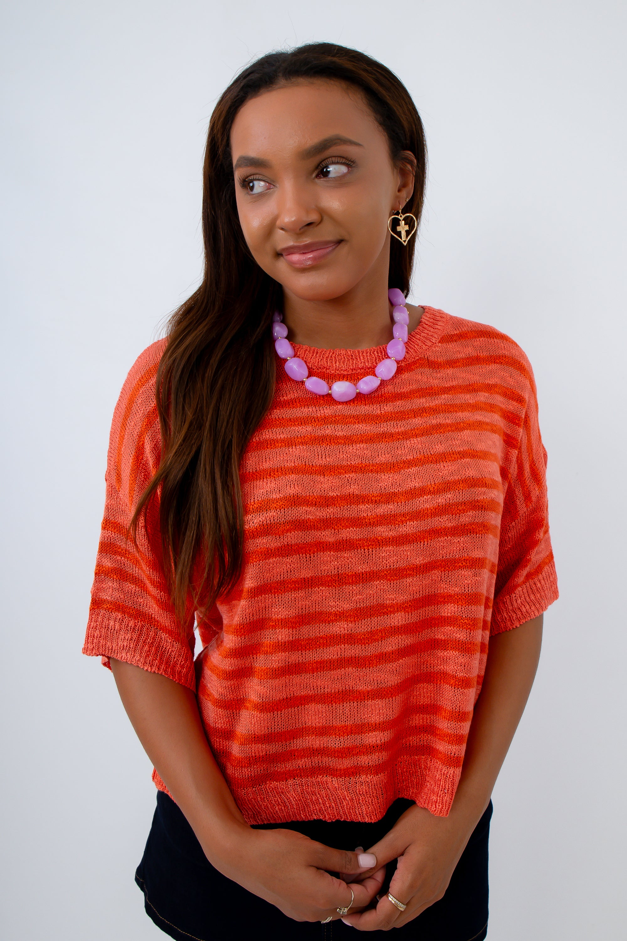 Orange Lightweight Sweater with stripes for clemson game day outfit, auburn game day top, Syracuse game day outfit