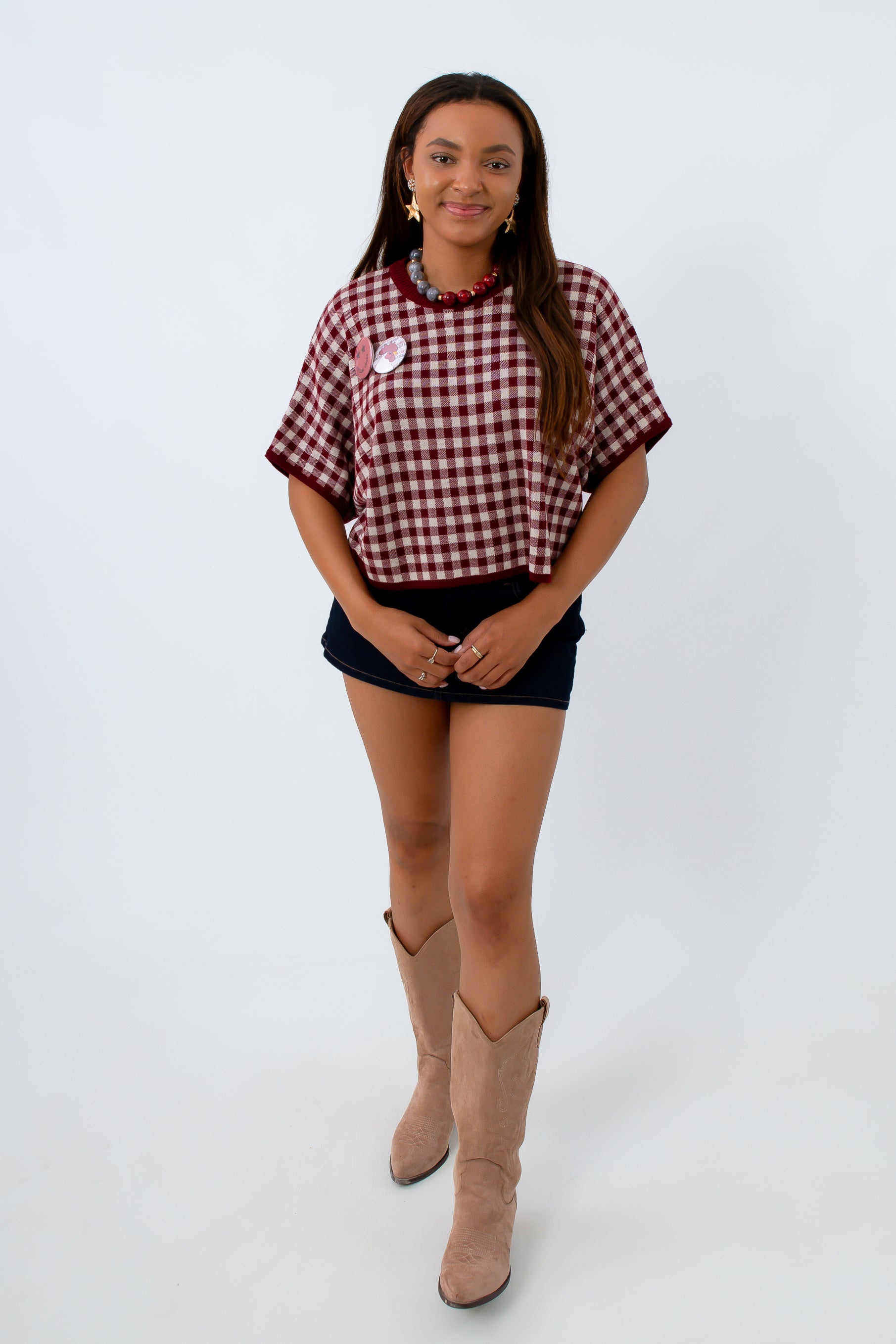 Burgundy Checkered Short Sleeve Sweater