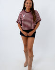 Burgundy Checkered Short Sleeve Sweater
