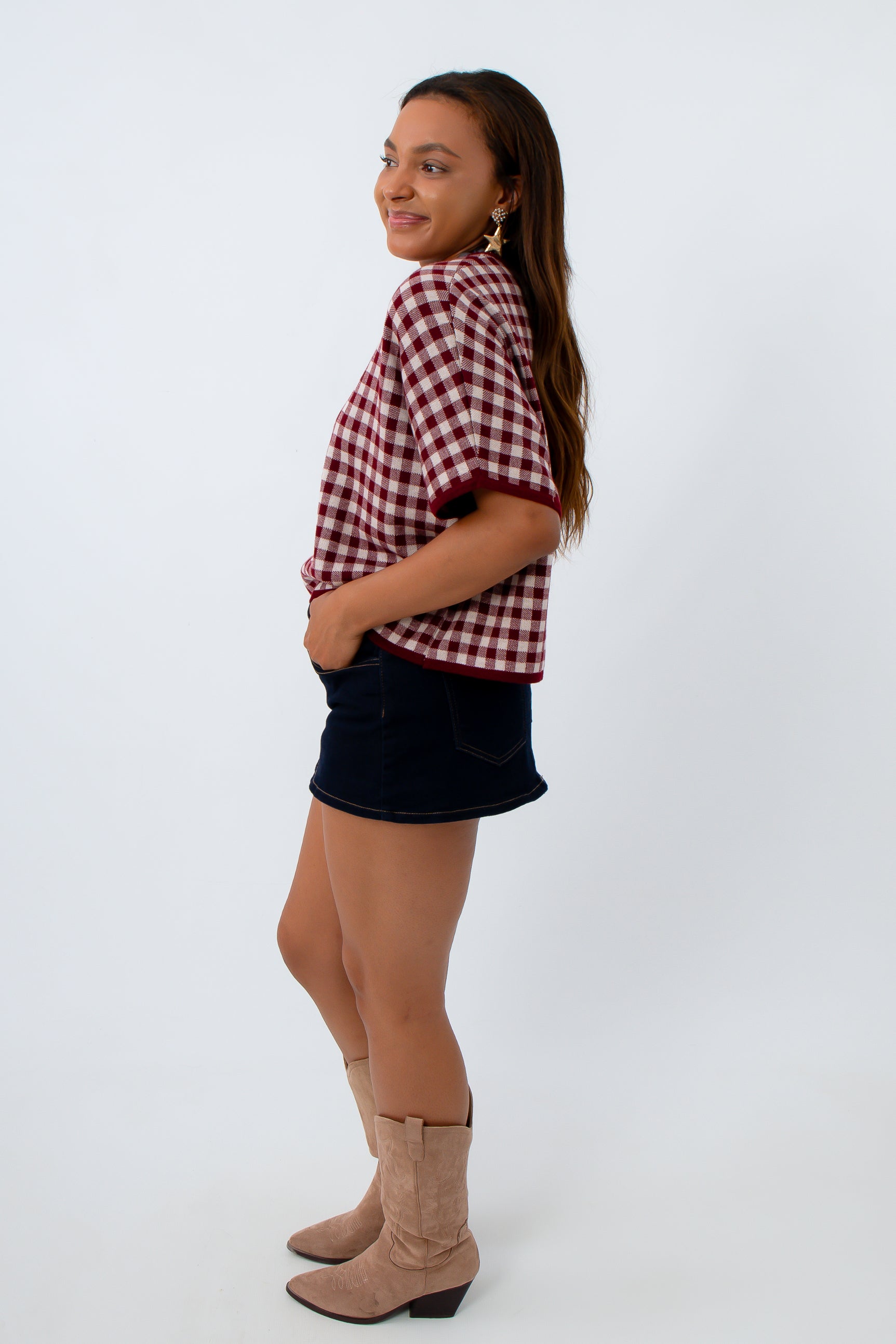 Burgundy Checkered Short Sleeve Sweater paired with black denim mini skort for USC game day outfit