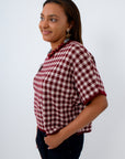 Short sleeve burgundy checkered sweater for fall