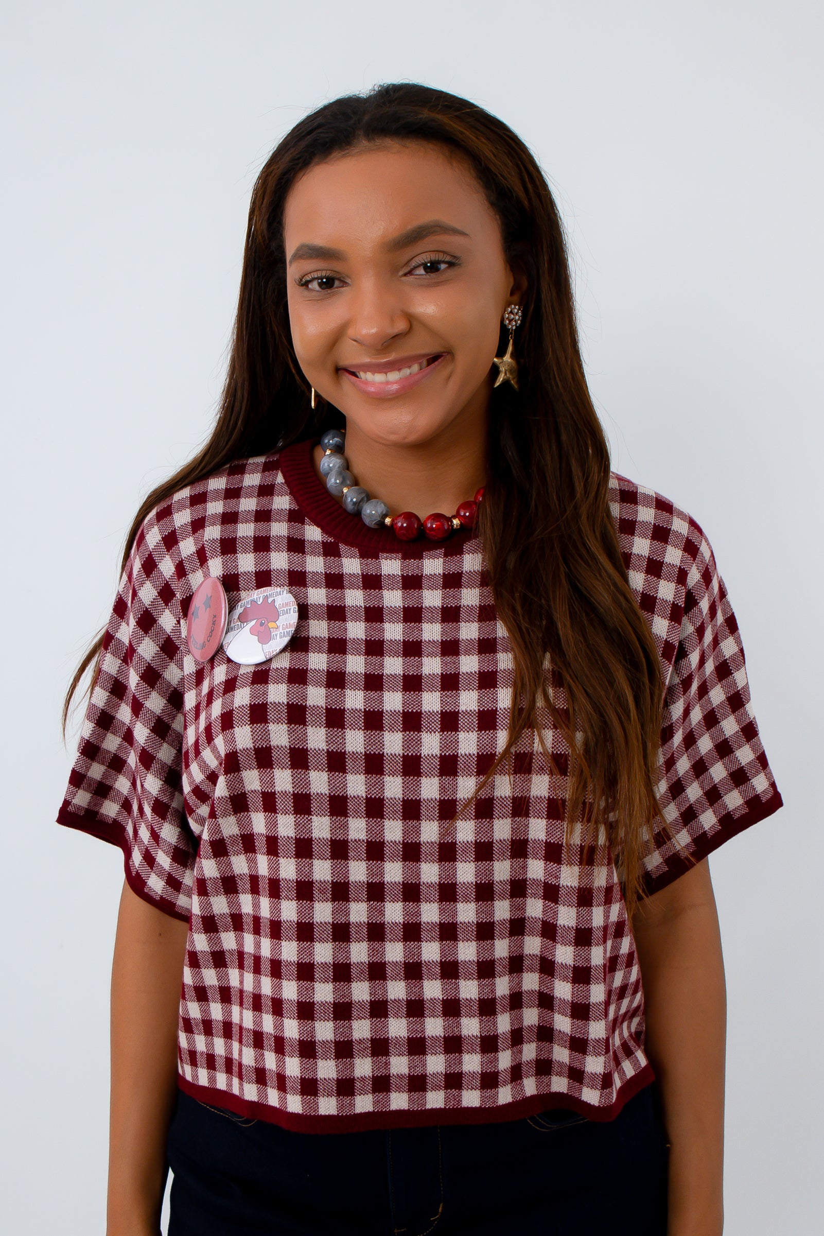 University of South Carolina game day outfit, garnet checkered sweater, wine short sleeve sweater