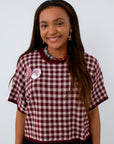 University of South Carolina game day outfit, garnet checkered sweater, wine short sleeve sweater