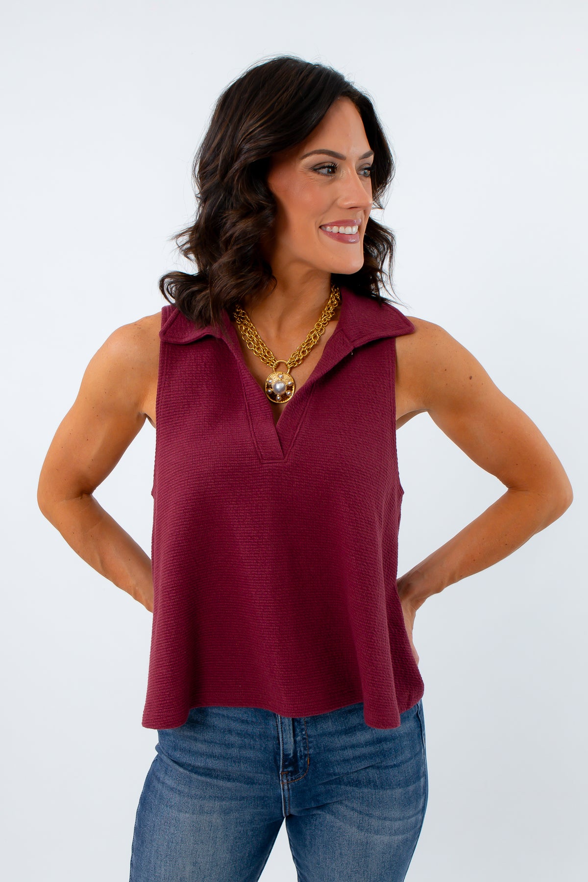 Wine knit tank top with collar for game day, sporty game day outfit for USC, sporty game day top for Alabama
